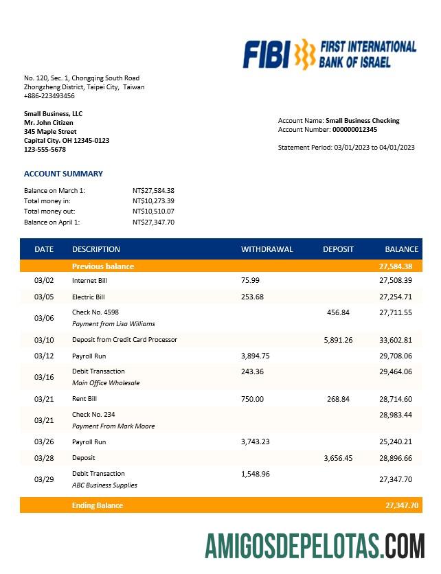 Exemplo de extrato de conta corporativa do FIBI Bank Word e PDF